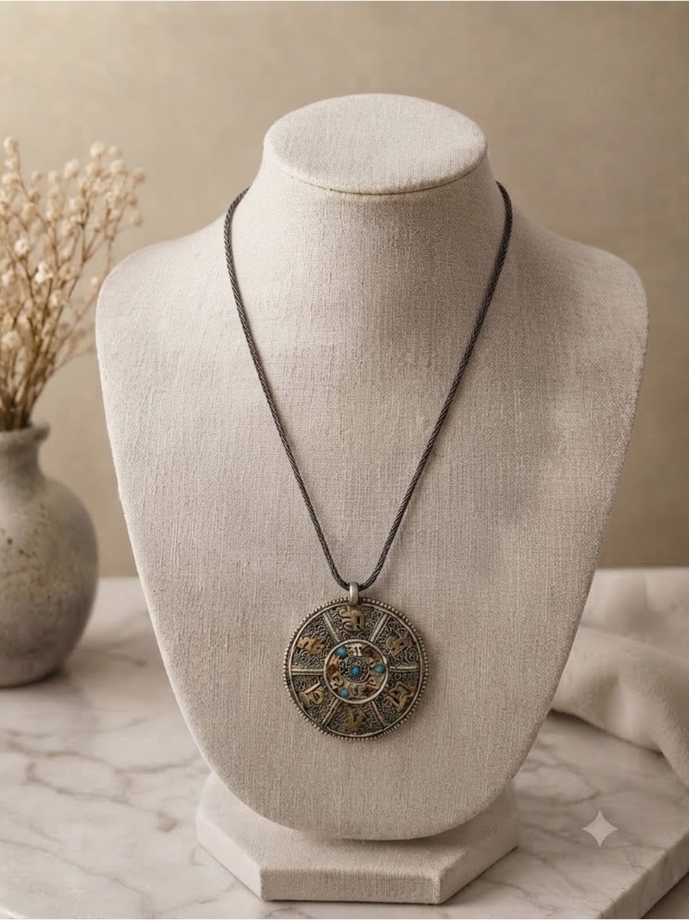 Vintage Himalayan Mantra Mandala Necklace